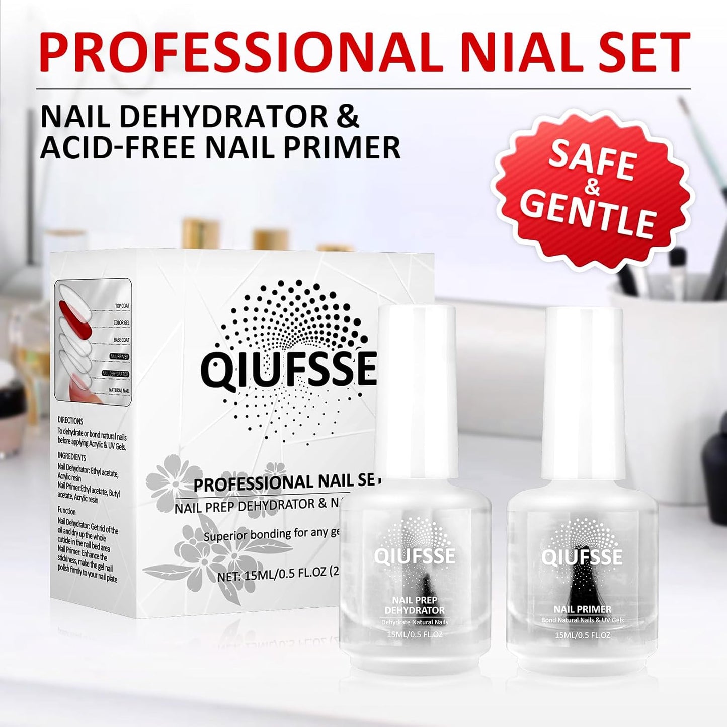 Skiennix Nail Prep Dehydrator & Primer - Acid-Free Formula for Gel Polish | 0.5 Fl. Oz.