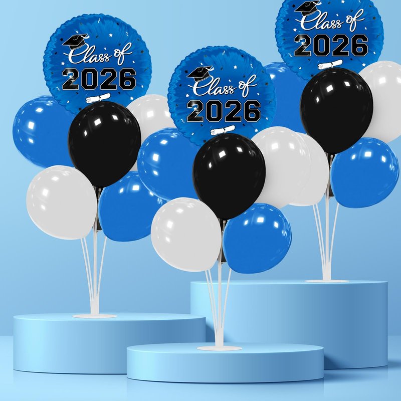 Graduation Decorations - 4 Set Balloon Stands, Class of 2026 Congrats Grad Table Centerpieces for Graduation Party Supplies(Blue & Black)
