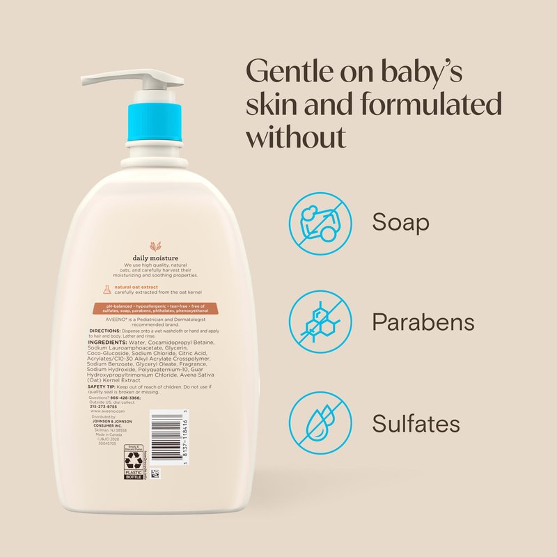 Aveeno Baby Daily Moisture Gentle Baby Body Wash and Shampoo with Oat Extract, 2-in-1 Baby Wash & Hair Shampoo, Tear-Free, pH Balanced for Sensitive Skin & Hair, Lightly Scented, Value Size 33 Fl Oz