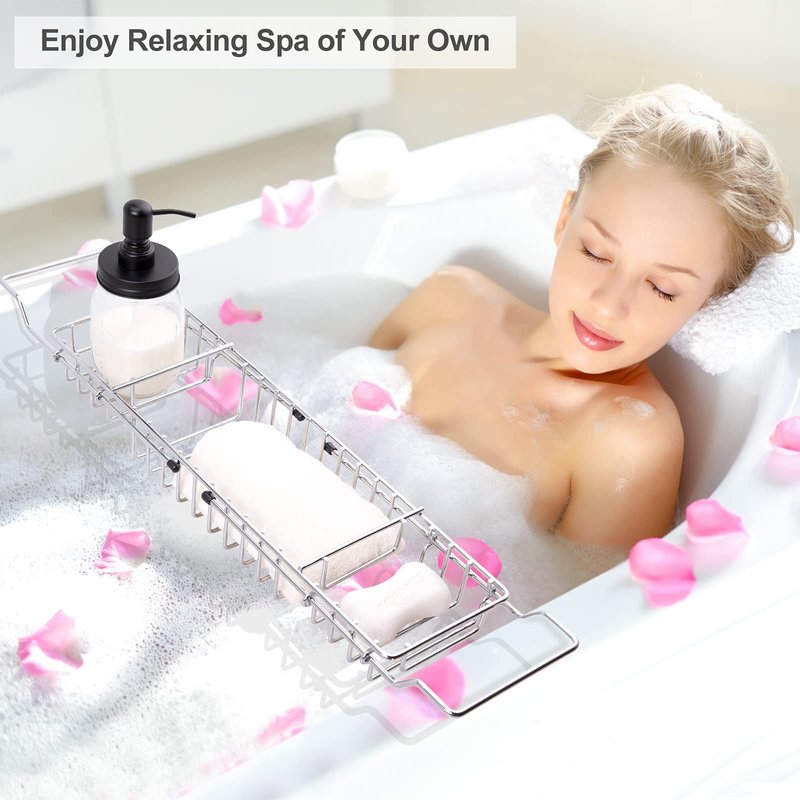 HOMEE Stainless Steel Shower Caddy Tray with Removable Book Holder, European Style Extendable Rectangular Bathroom Tray for Shower Bath Phone IPad Book Holder Candleholder Table Shelf - Silver