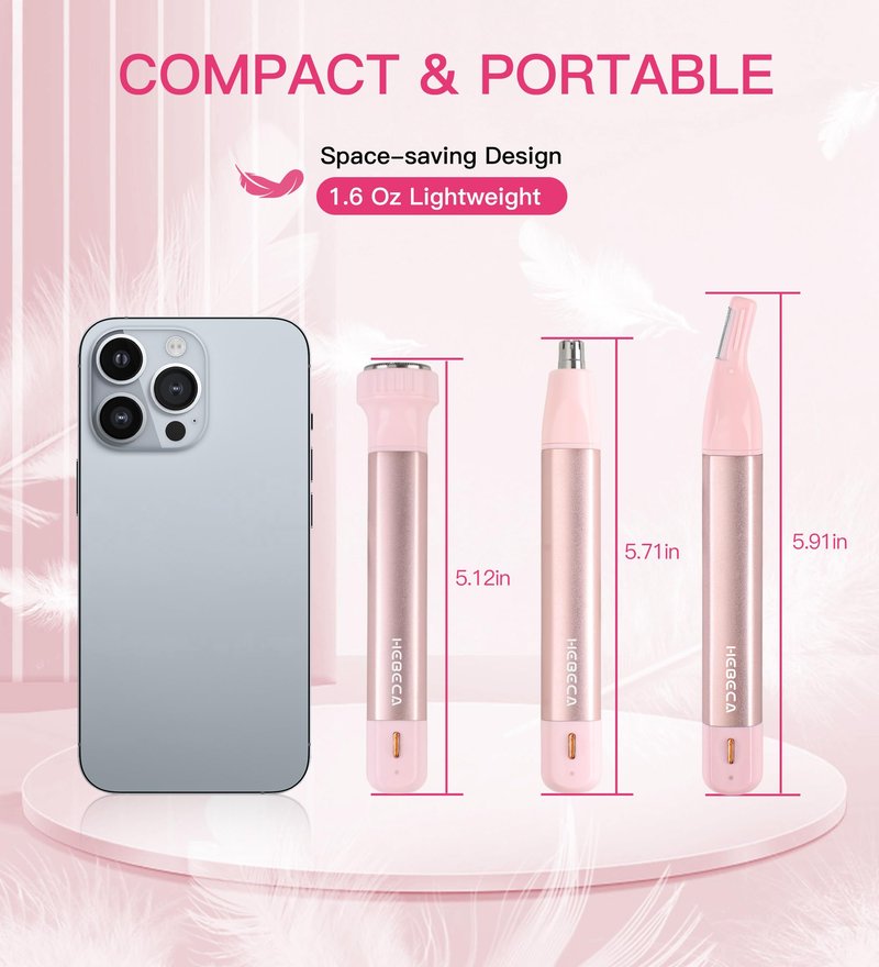 HEBECA Nose Hair Trimmer for Women 3in1 Facial Hair Removal Trimmers- Rechargeable, Waterproof, Portable with Travel Bag- Trims Nose, Ear, Eyebrow, Peach-Fuzz, Lips, Chin Face Hair Remover (Pink)