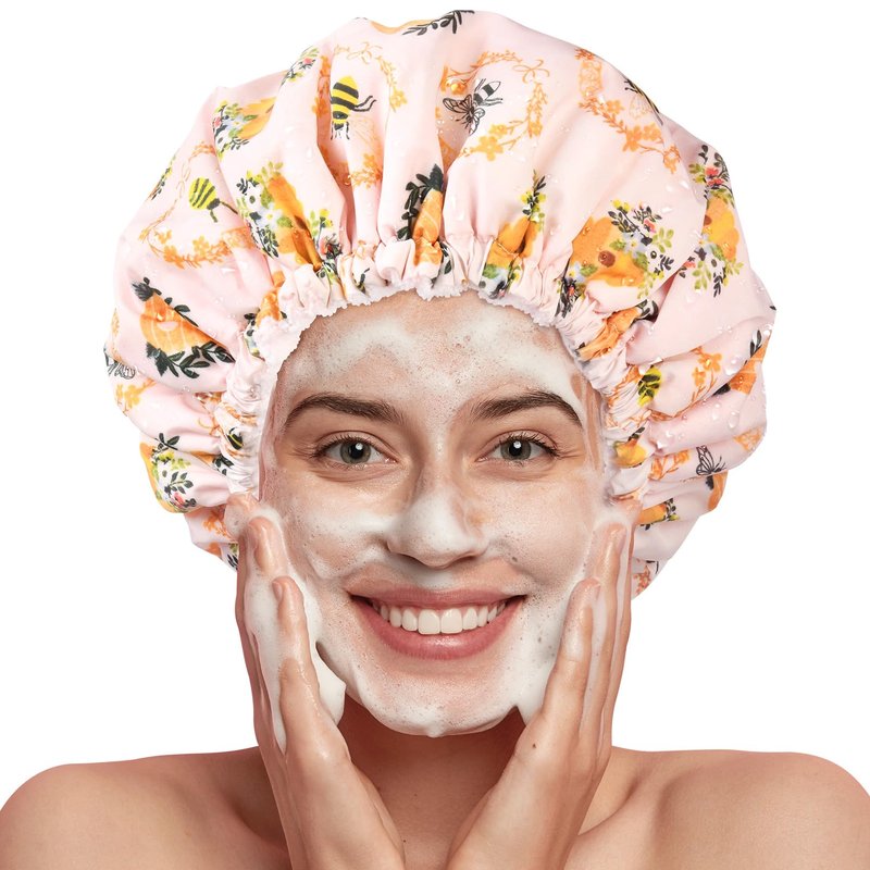 Shower Cap for Women Terry Lined Bee Bath Cap Large Reusable Waterproof Elastic Band Beekeeper Shower Caps for Long Thick Hair Soft Bath Shower Hair Caps
