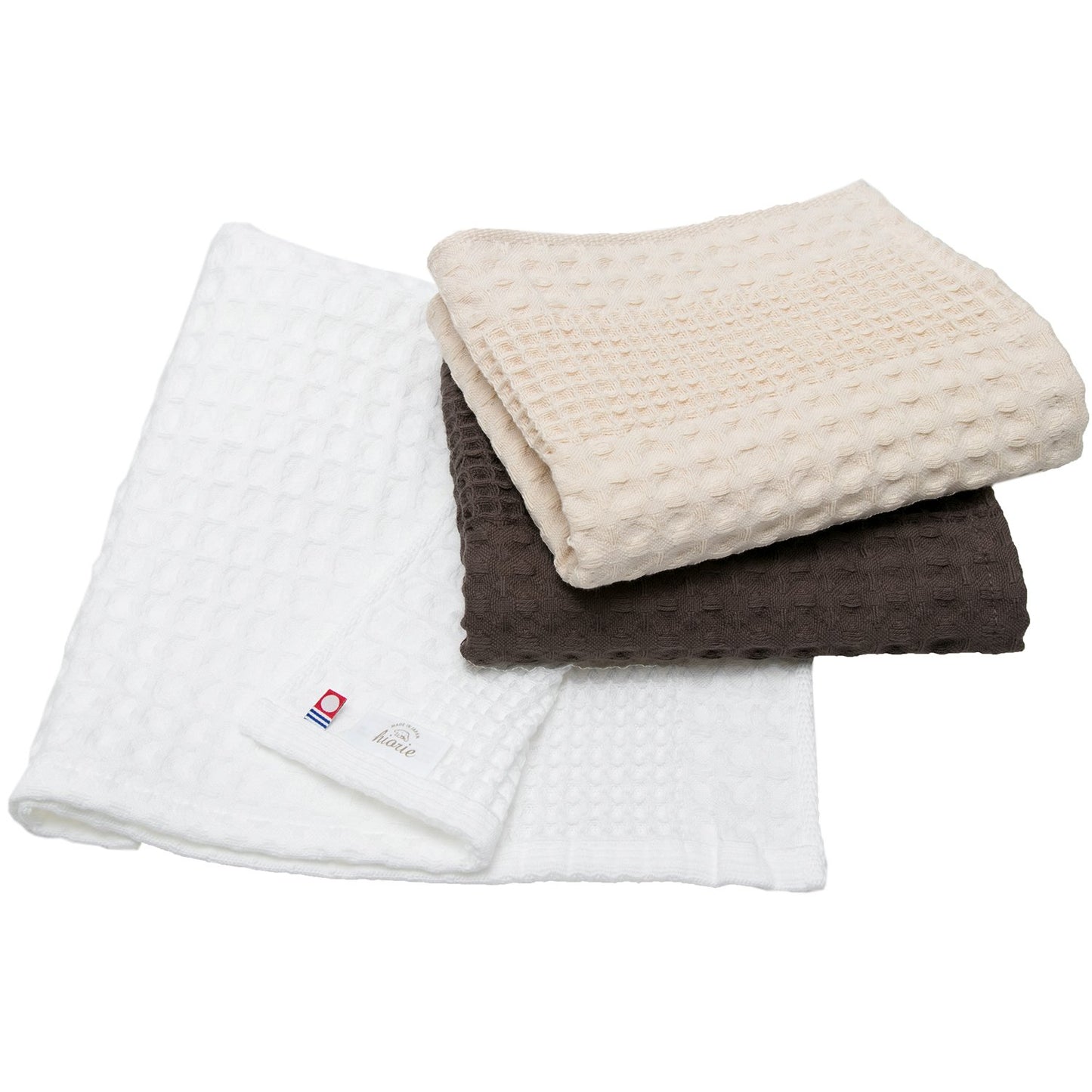 HIORIE Imabari Towel, 3-Piece Hand Towel Set, Japanese Towels, 13.3x31.4in, 100% Cotton, Lightweight, Quick Drying and Compact Towels, Waffle Design Fabric, Honeycomb, White+Beige+Brown Towels