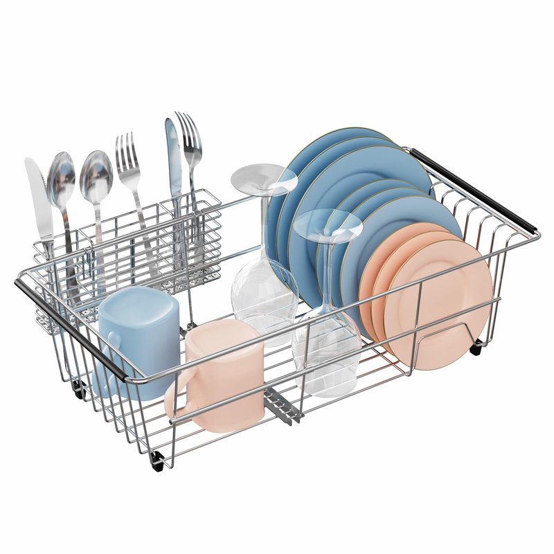 iPEGTOP Capacity Expandable Over Sink Dish Drying Rack, Multifunctional Adjustable (14"-18.5") Rustproof Stainless Steel Dish Drainer Organizer Shelf with Utensil Holder for Kitchen Counter Sink