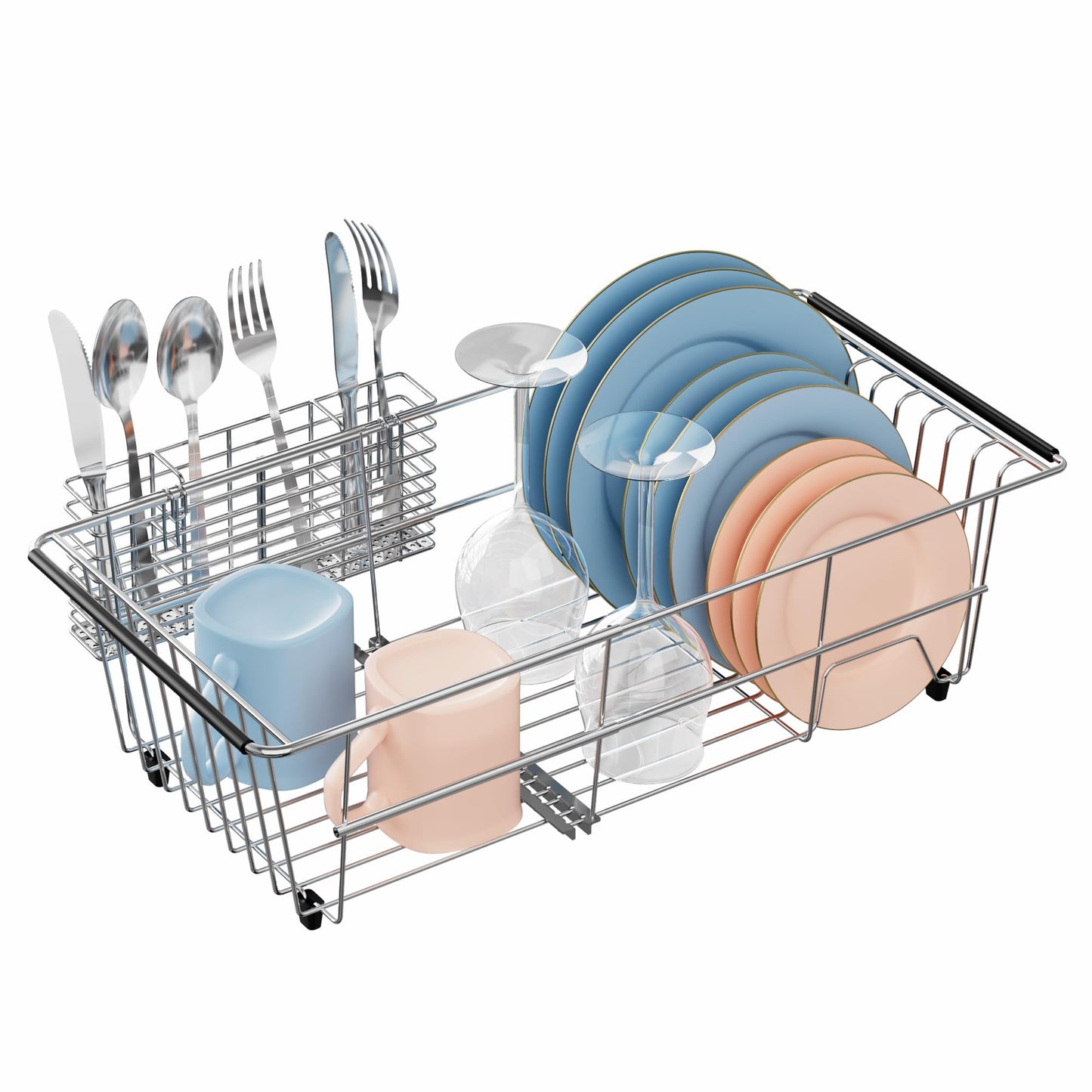 iPEGTOP Capacity Expandable Over Sink Dish Drying Rack, Multifunctional Adjustable (14"-18.5") Rustproof Stainless Steel Dish Drainer Organizer Shelf with Utensil Holder for Kitchen Counter Sink