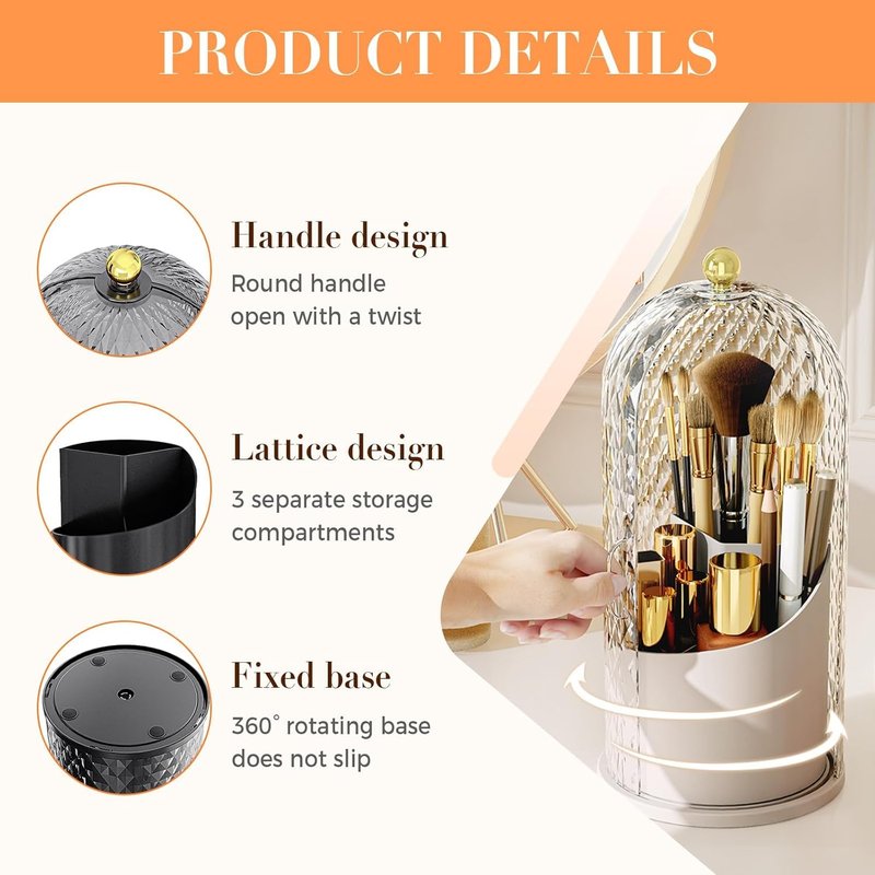 Skiennix Concealed Toothbrush Holder - 360° Rotating Makeup Brush Organizer with Lid | Dustproof, Black