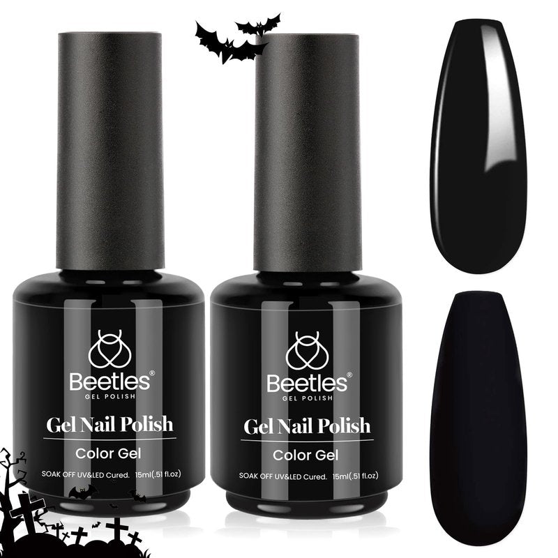 Beetles Black Gel Polish 2Pcs 0.51Fl.OZ Pure Black Gel Nail Polish Set 15ml Dark Base Color Soak Off Uv Nail Lamp Art Manicure DIY Design Gift for Women Long Nights Collection