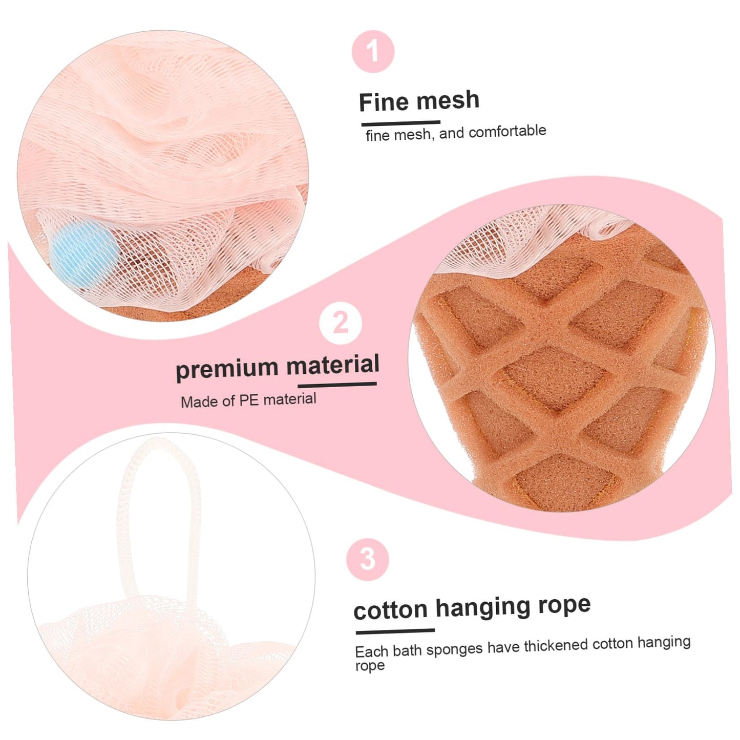Beatifufu Bath Ball 3-Pack Shower Sponge Set Soft Pe Mesh Body Scrubber with Thick Hanging Rope for Gentle Exfoliating and Deep Skin Cleansing Suitable for Adults and Kids