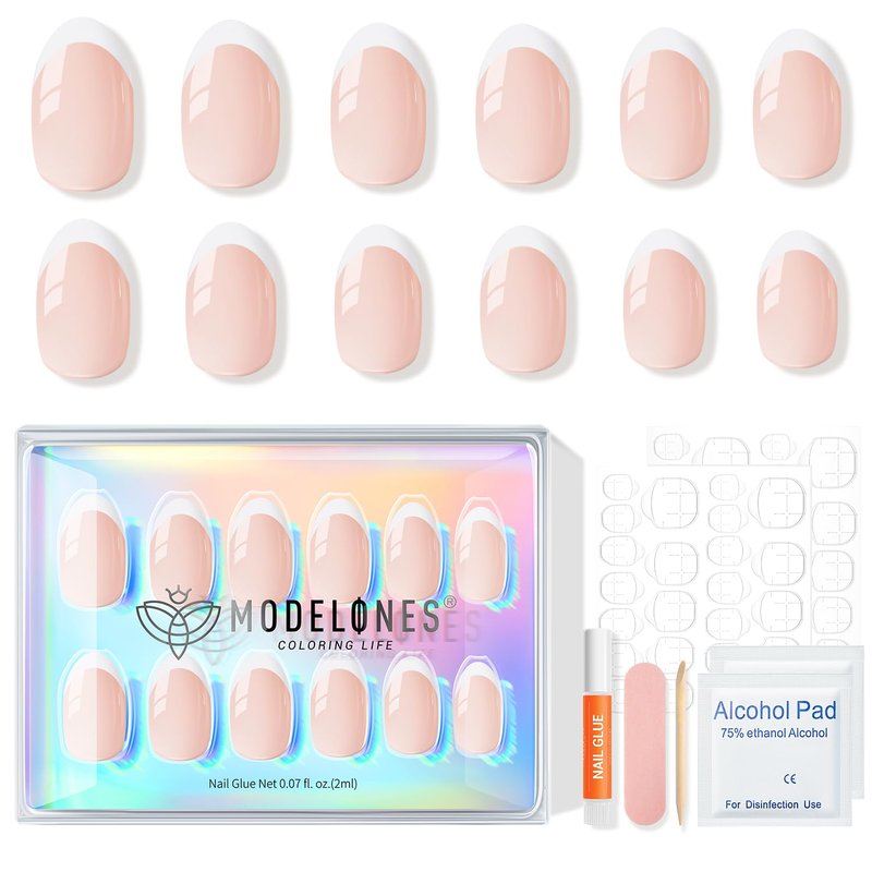 modelones French Tip Press On Nails, Short Oval Fake Nails Press Ons with Nail Glue, Adhesive Tabs, Nail File, Prep Pad, Manicure Stick, 32Pcs 16 Sizes, Nude, Spring Women Girl Gift