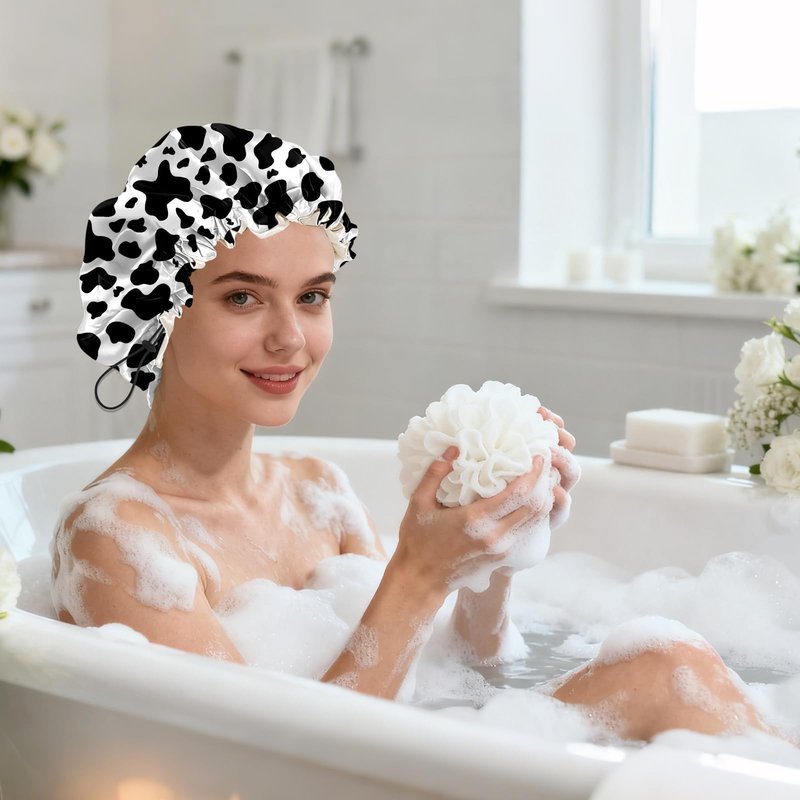 BHAHB Shower Cap Reusable Double Layer Adjustable Elastic Waterproof EVA Hair Bath Caps for Women Girls Cute Aesthetic-Cow Leopard