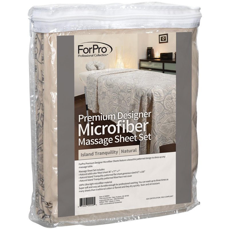ForPro Premium Designer Microfiber 3-Piece Massage Sheet Set, Island Tranquility, Stain and Wrinkle-Resistant, Includes Massage Flat Sheet, Fitted Sheet and Face Rest Cover, Natural, 36" x 77" x 7"