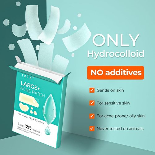TKTK Large Pimple Patches for Face, 68 x 27 mm XL Hydrocolloid Bandages, Big Acne Patches for Body, Forehead, Chin, Nose, Chest and Back Blemish Zit Breakouts (Strip, Contoured, Dot 5 Sizes 136 Count)