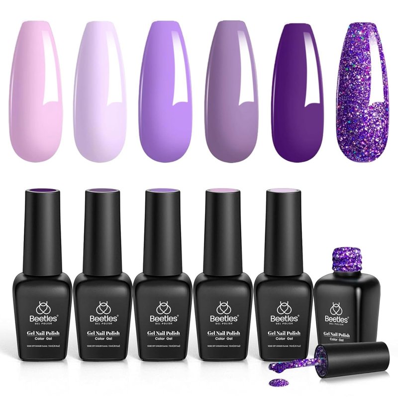 Beetles Purple Gel Polish - Grape Vine 6 Colors Purple Lavender Dark Lilac Glitter Pink Nail Polish Soak Off Uv LED Gel Nail Kit Salon Diy Nail Art Manicure Home Spring Gifts for Women