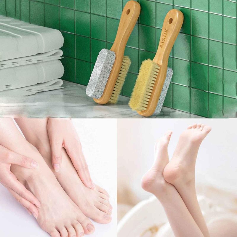 1Pc Foot Natural Bristle Brush & Pumice Stone Combo,Double Side with Pumice Stone and Bristle Brush Heel Scraper Pedicure File Removes Dead Skin with Rope Wooden Handle