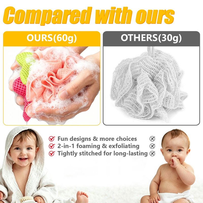 Kids Loofah, Cute Cartoon Animal Kids Bath Sponge with Hanging Rope, Soft Double Mesh for Rich Lather (Pink Strawberry)