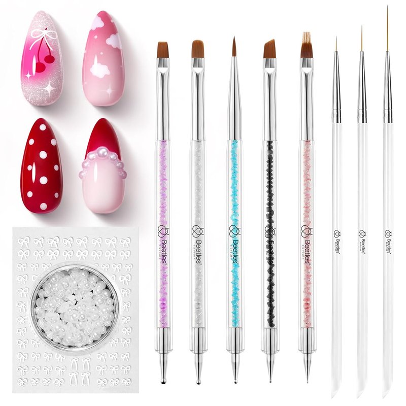 Beetles Nail Art Brushes Set - 8-Piece Double-Headed Dotting Tools & Striping Liner Brushes for DIY Manicure | Includes Pearls & Bowknot Stickers