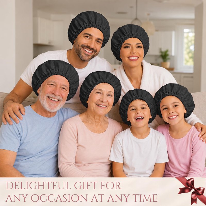 Shower Cap for Men, Reusable Waterproof Bath Cap with Soft Elastic Band, Double Layer Large Satin Lined Shower Hat for Curly Braids Long Hair, Washable Non-Slip Hair Cap(Black)