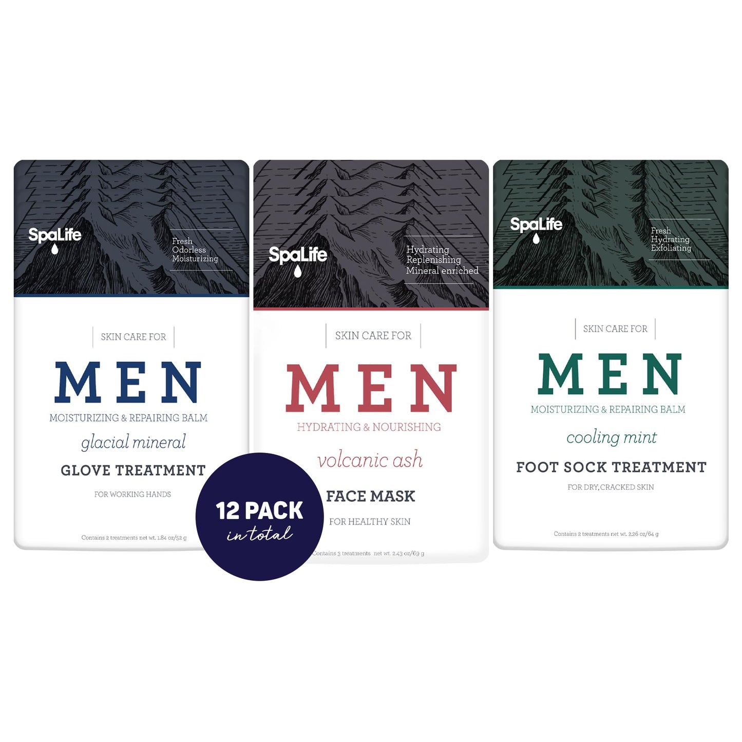 SpaLife Men's 12-Piece Spa Set | Fathers Day Gifts | Repairing Hand Gloves for Dry Hands, Cooling Mint Foot Socks for Cracked Heels, and Moisturizing Face Mask