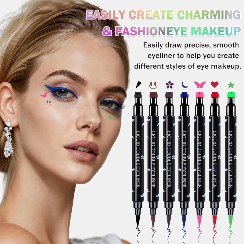 Double-Headed Eyeliner Stamp Set - 7 Colors Waterproof & Smudgeproof Liquid Winged Eyeliner for Flawless Eye Makeup