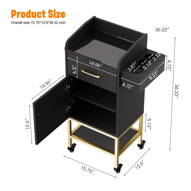 TOVRON Salon Trolley Cart, Glass Top Salon Stations for Hair Stylist Beauty Storage Cabinet Black Rolling Hair Stations with Lockable Wheels, Drawer, Cabinet
