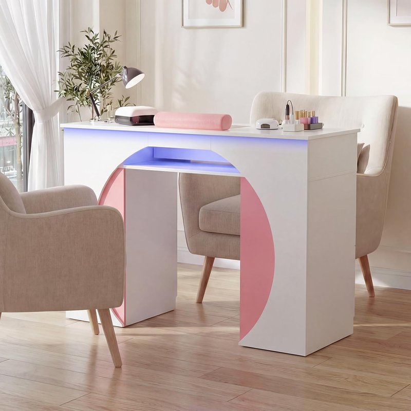 Skiennix Nail Desk - Professional Manicure Table with Dust Collector & LED Lights | White & Pink Accent