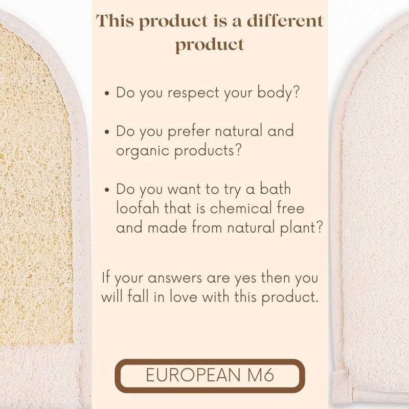 European M6 Loofah Exfoliating Body Scrubber Mitt – Dual-Sided Natural Egyptian Luffa Glove for Shower & Bath | Large Size Organic Loofah Sponge for Deep Body Cleansing | for Women & Men (2 Count)