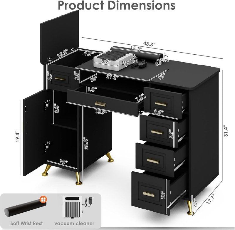 Manicure Table with Removable Panel, Nail Tech Desk with Dust Collector, Drawers & Storage, Nail Station for Salon or Home Studio (Black)