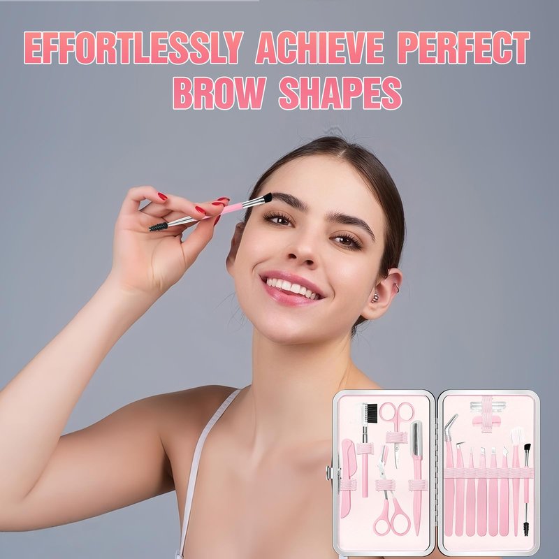 Eyebrow Kit, 17 in 1 Tweezers for Women Facial Hair, Hair Scissors with Comb, Eyebrow Trimmer, Brow Brushes, Hair Tools Travel Bag, Professional Grooming Tweezer Set