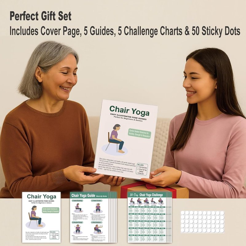 Chair Yoga Poster for Seniors | Set of 5 Illustrated Guides & 30-Day Challenges for Mobility, Balance, Flexibility