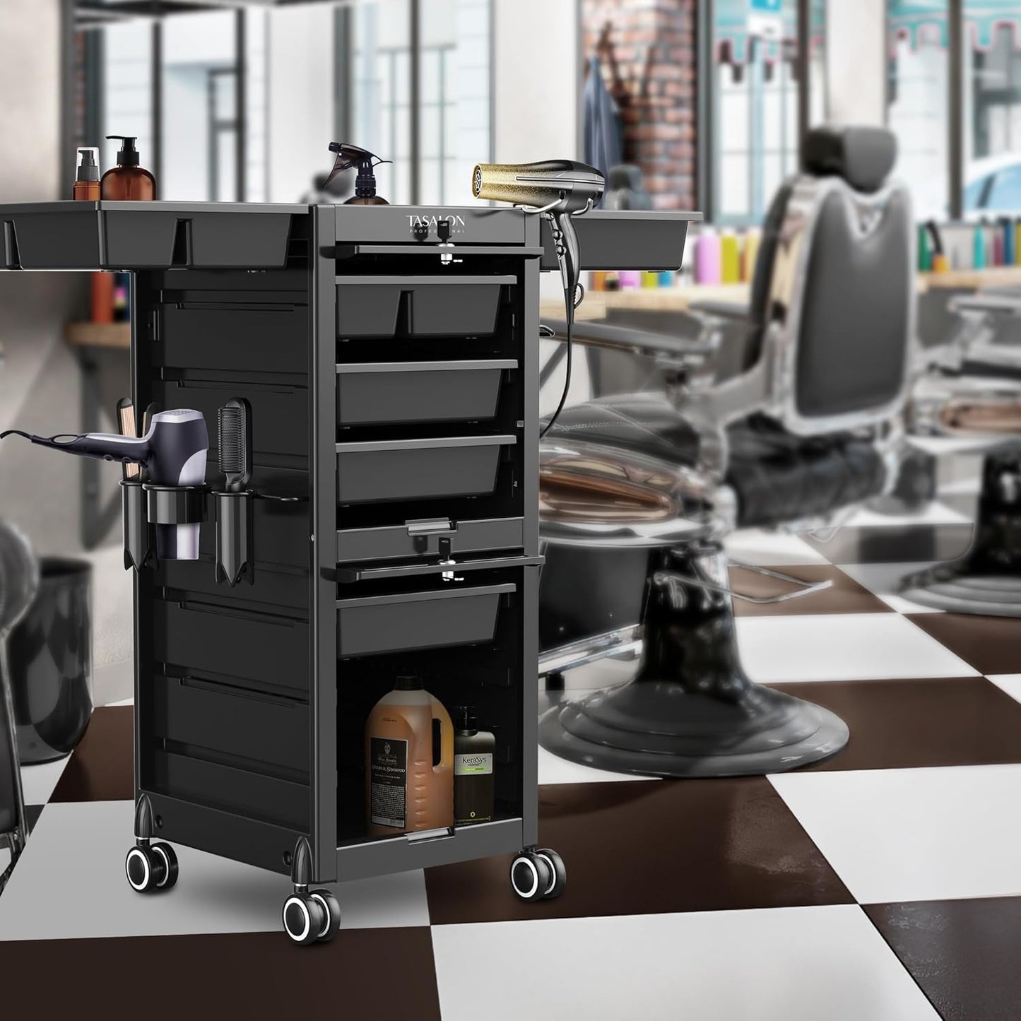 TASALON Lockable Salon Trolley - 6-Drawer Rolling Beauty Cart with Tool Holders | Mobile Hair Stylist Station in Black