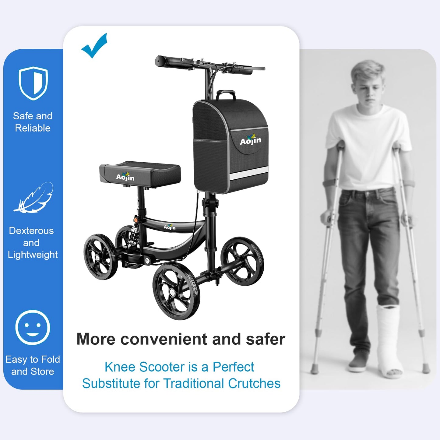 Aojin Knee Scooter for Adults for FootInjuries, 300lbs Capacity, All Terrain Foldable Knee Scooter Walker with Bag, 13" Wide Pu Seat, Compact Crutches Alternative (Black)