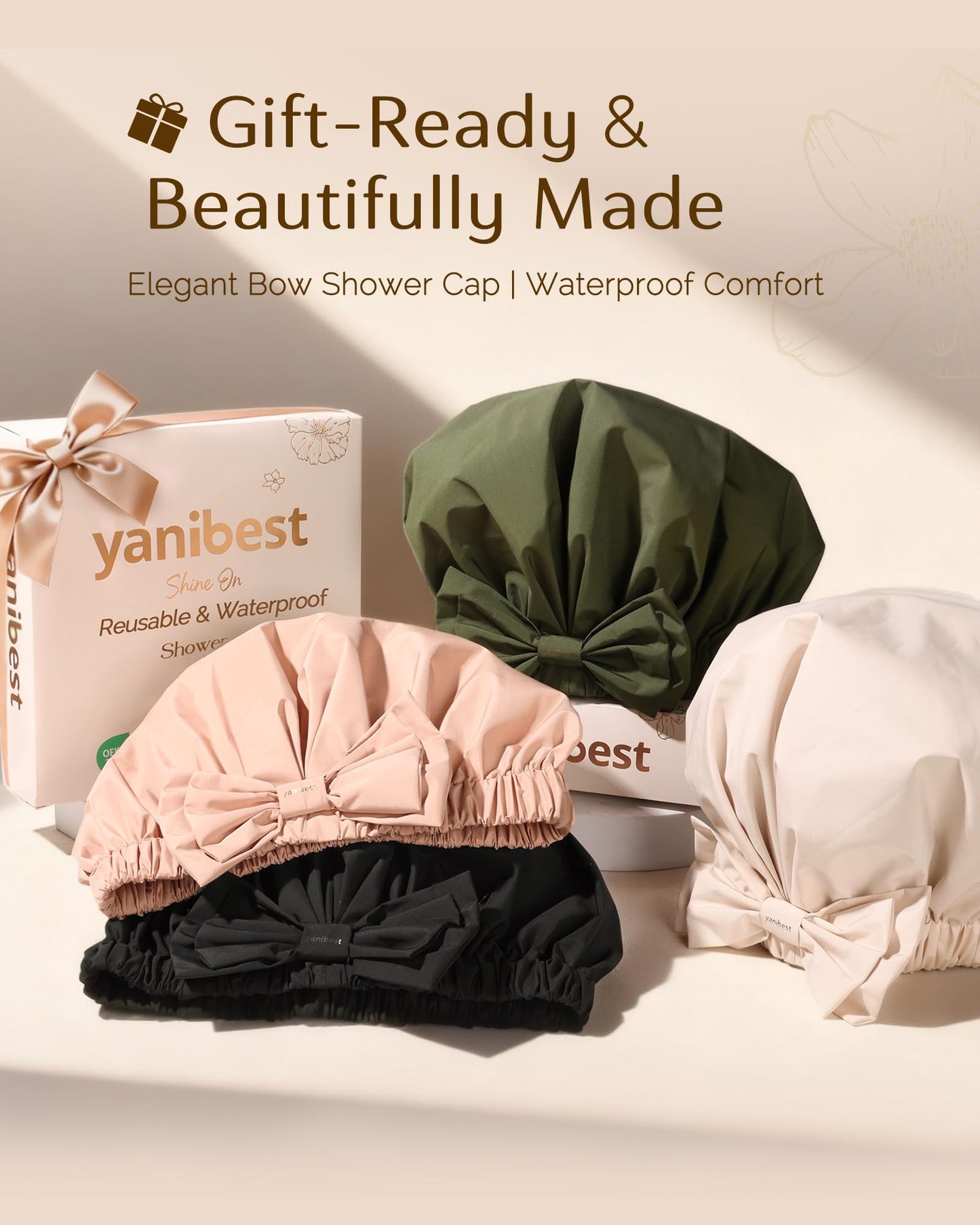 Yanibest Shower Cap Reusable Waterproof, Wide Elastic Band Bath Cap - Comfortable & Durable Bath Hair Hat for Women
