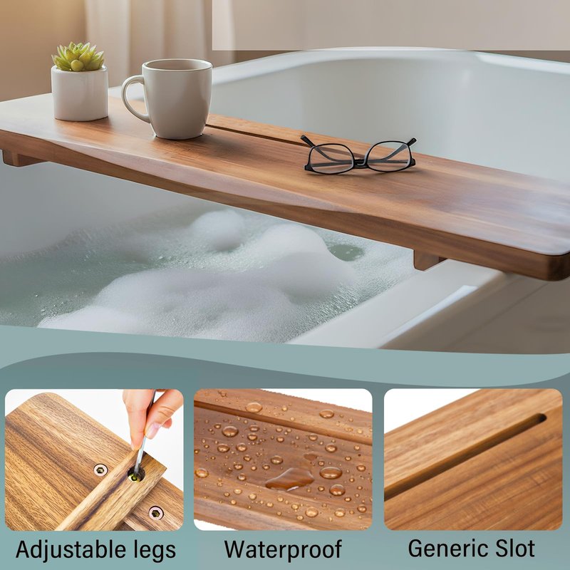 Premium Acacia Wood Bathtub Tray Caddy for Standard Tub, 29.5" L Adjustable Bath Tray for Tub, Luxury Spa Bathroom Tray Organizer Table, Bath Tub Accessories for Women, Housewarming, Birthday Gifts