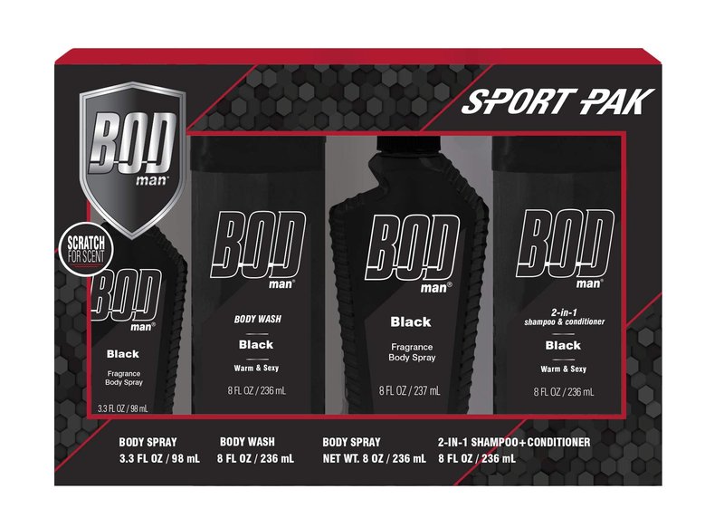 BOD man Bod Man Black Grooming Kit: 8oz 2n1 Shampoo & Conditioner, 8oz Body Wash, 8oz Fragrance Body Spray, and Travel 3.3oz Fragrance Body Spray, 27.3 ounces