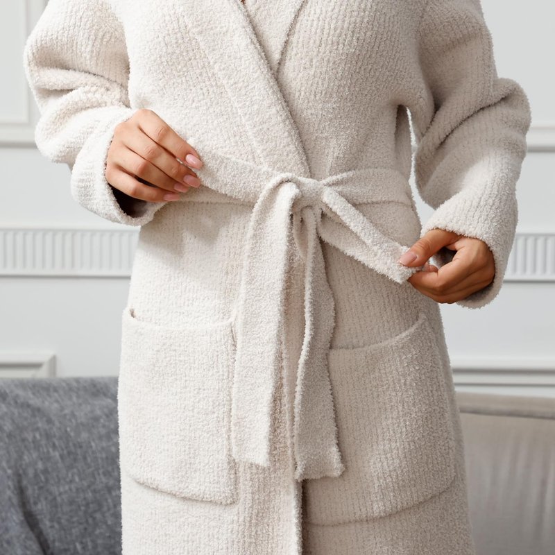 MH MYLUNE HOME Ultra Soft Robe With Pockets, Spa Bathrobe Loungewear Calf-Length, Plush Fuzzy Fluffy Wrap Robe for Women, Women's Robes, Hooded Ribbed Taupe