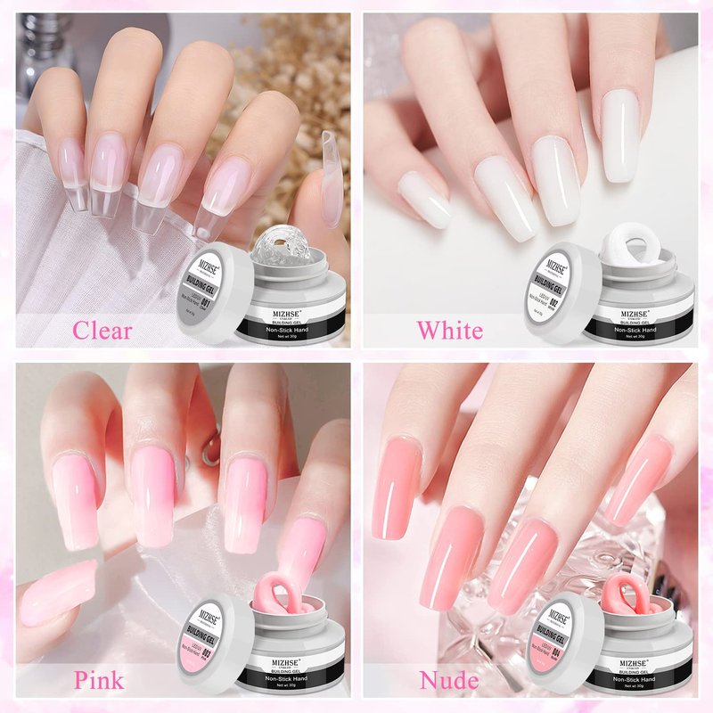 MIZHSE 3D Nail Gel Nail Art Sculpture, Non-Sticky 4 Colors Solid Builder Gel Nude Clear White Pink Hard Builder Nails UV LED Molding Gels Nail Extension for Salon Manicure Home DIY