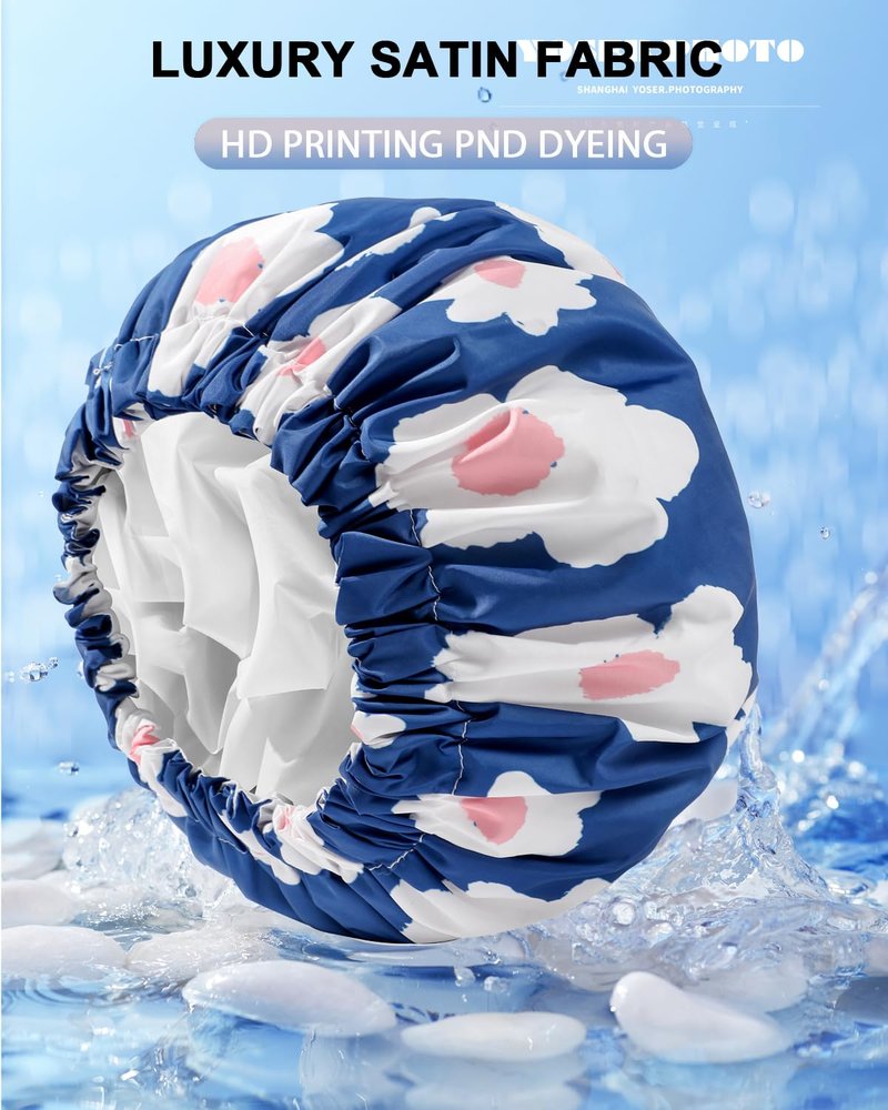 YIZIJIZI Shower Cap - Two Layer Waterproof Large Shower Cap for Women, Reusable Shower Caps for Long Thick Hair, Adjustable for Double Layer Adjustable Soft Bath Shower Caps (Blue)