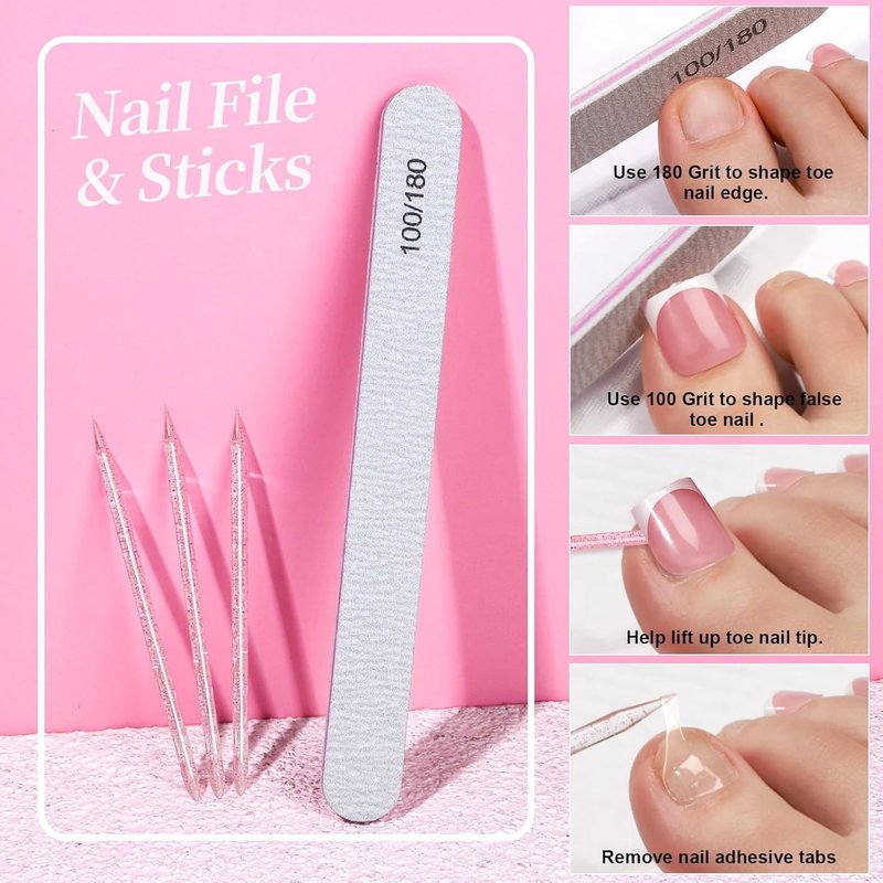 Square Toe Press-On Toenails - 150pcs French Tip Fake Nails with Glue | 15 Sizes & DIY Nail Charms
