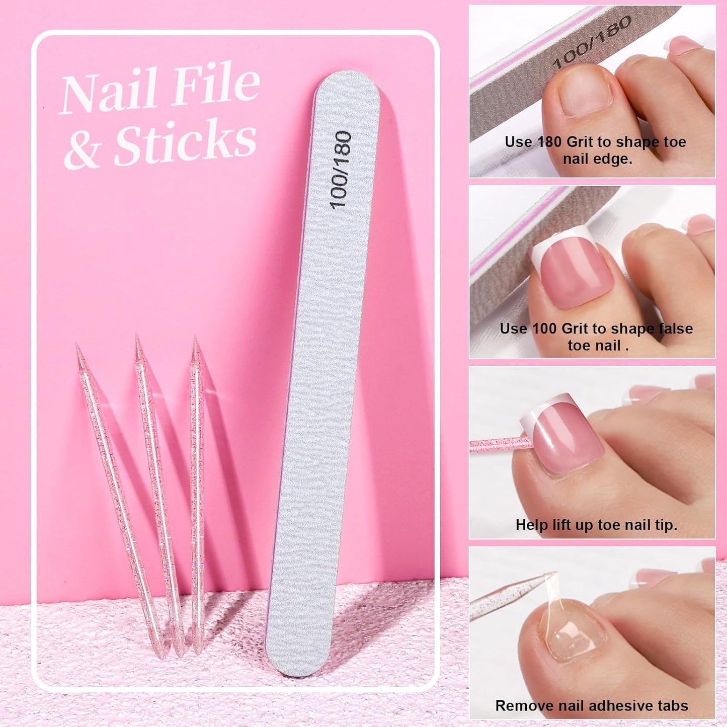 Square Toe Press-On Toenails - 150pcs French Tip Fake Nails with Glue | 15 Sizes & DIY Nail Charms