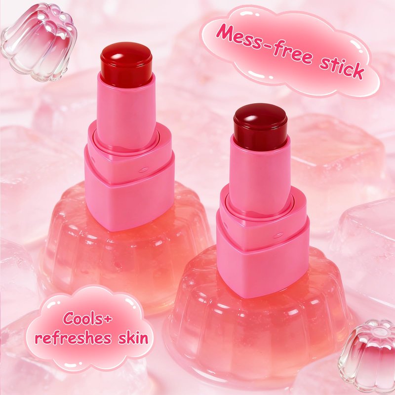KALYFADIO 2PCS Jelly Blush Stick for Cheeks,Cooling Water Jelly Tint Stick,Moisturizing Lightweight Lip and Cheek Tint,Long-lasting,Cruelty-free,Sheer & Buildable Lip Stain + Blush(01+03)