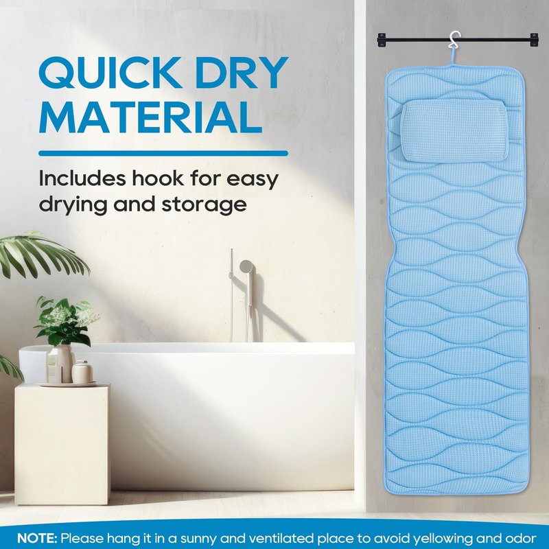 OMYSTYLE Full Body Bath Pillow, Bath Pillows for tub with Mesh Washing Bag & 21 Non-Slip Suction Cups, Spa Bathtub for Head Neck Shoulder and Back Support - 5D Air Mesh & Quick Drying | Blue