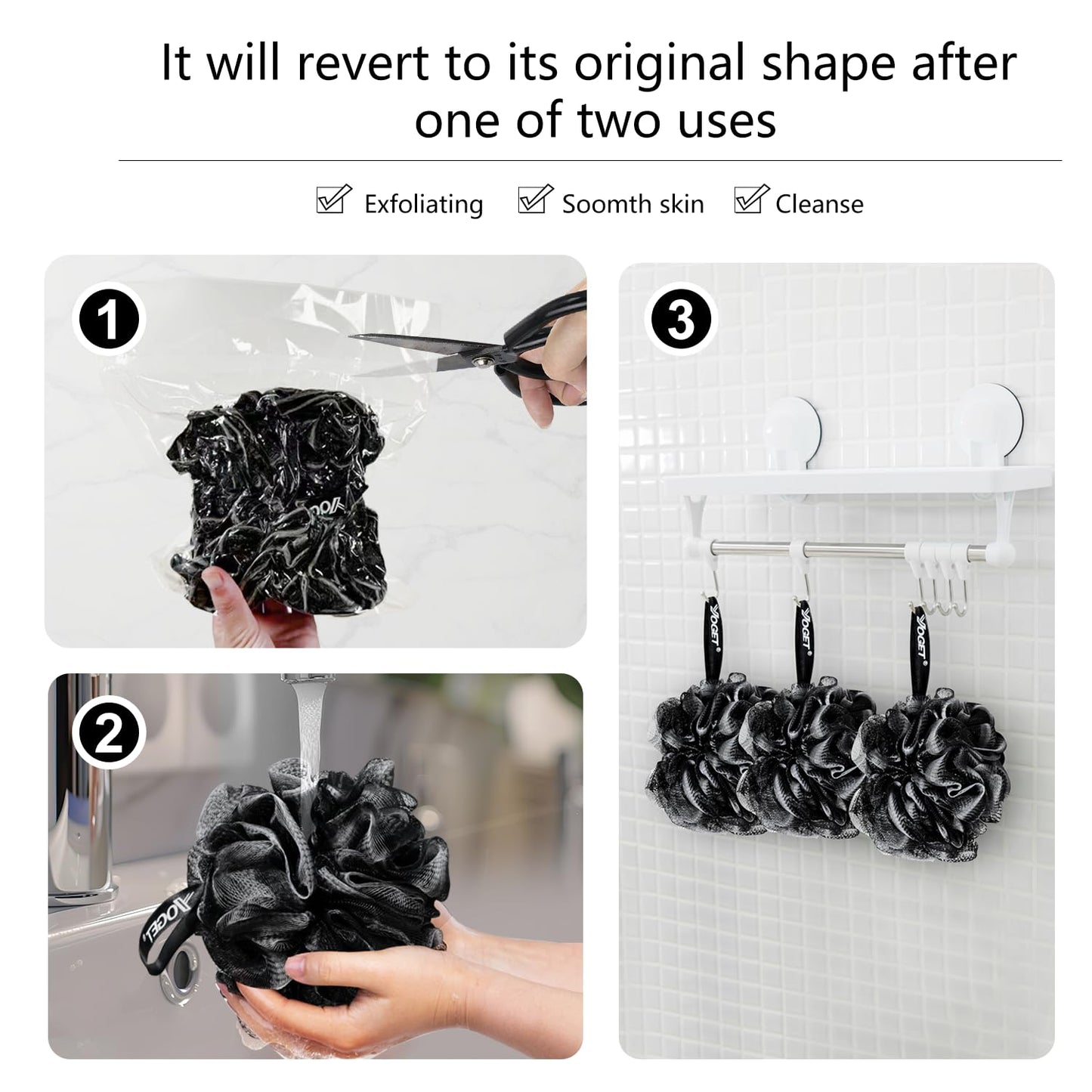 Yoget Bath Loofah Sponge, 4 Pack Black 60G Shower Mesh Ball Soft Pouf Body Scrubber, Exfoliate, Cleanse, Soothe Skin, Black Loofah with White Trim