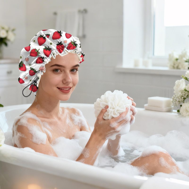 BHAHB Shower Cap Reusable Double Layer Adjustable Elastic Waterproof EVA Hair Bath Caps for Women Girls Cute Aesthetic-Strawberry