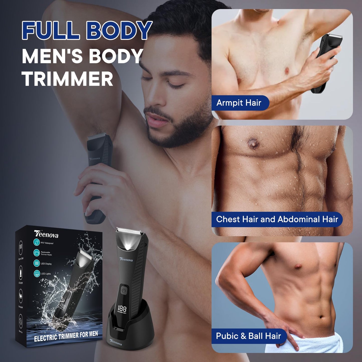 TEENOVA Pubic & Body Hair Trimmer for Men, 2 In 1 Electric Ball Groin Razor Shaver with Ceramic Blade, No Nick Mens Grooming Kit for Wet/Dry Use, Cordless Charging Body Groomer with Led Display, Black