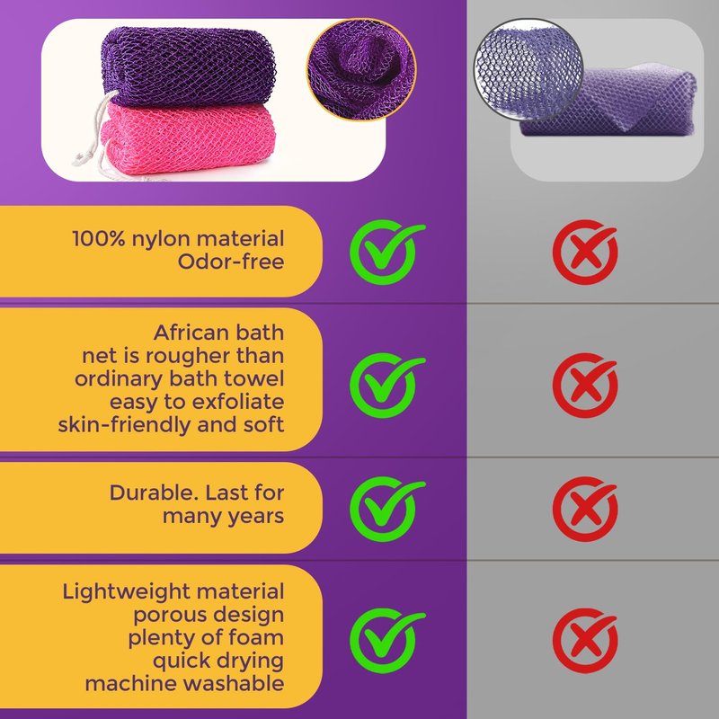 2 Pieces African Net Sponge Authentic, Durable Back Scrubber Washcloth for Shower, Exfoliating Net Sponge for All Skin, Bathing Accessories for Women (2 Pack (Pink and Purple))