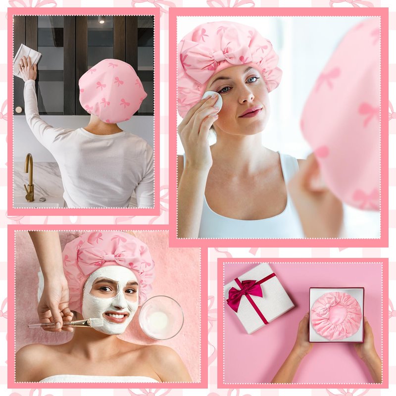 Janmercy Pink Bow Shower Cap for Women Terry Lined Shower Cap Reusable Waterproof Double Layer Bath Bonnet Adjustable Non Slip Quick Dry for Braids Long Straight Curly Hair Women Gifts