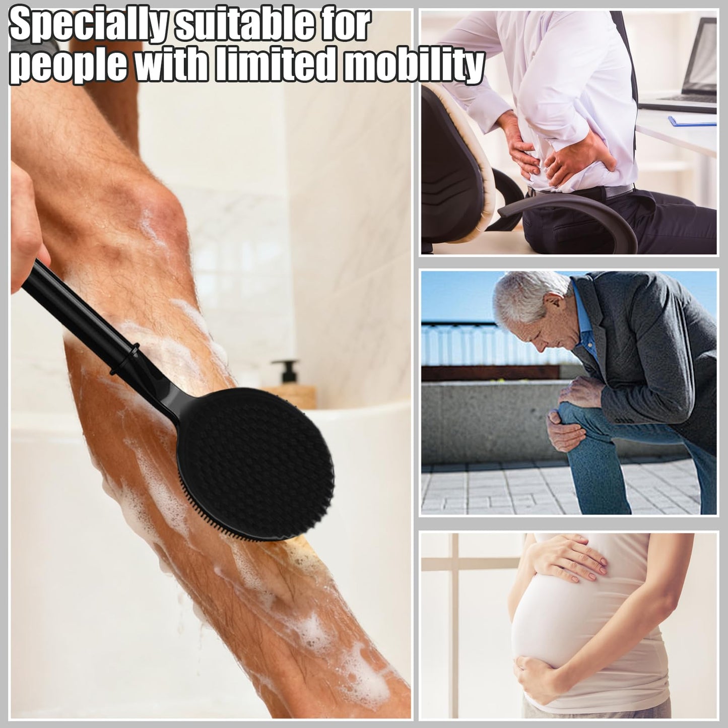 Silicone Back Scrubber for Shower, 16''- 24' Adjustable Long Handle Shower Back Brush, Dual-Sided Body Brush for Exfoliating, Massage & Rich Foam, Perfect Bath Scrubber for Men, Women