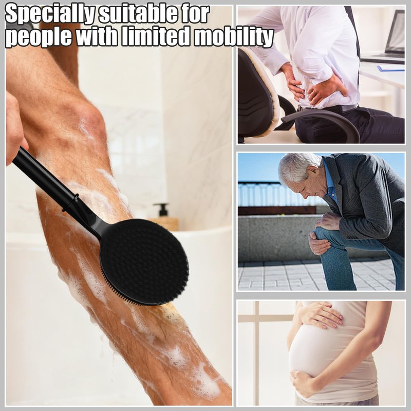 Silicone Back Scrubber for Shower, 16''- 24' Adjustable Long Handle Shower Back Brush, Dual-Sided Body Brush for Exfoliating, Massage & Rich Foam, Perfect Bath Scrubber for Men, Women
