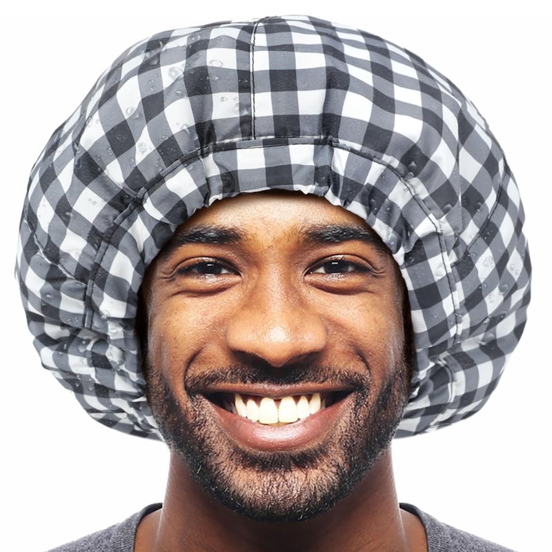 Shower Cap for Men Black White Plaid Bath Cap, Reversible Large Waterproof Adjustable Shower Caps Terry Lining & Elastic Band Stretch Hem Hair Hat