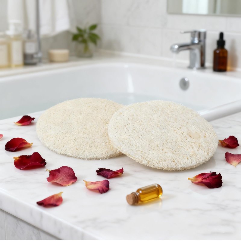 Nogeqi 30 Pcs Natural Loofah Sponge Pads, 2.36 Inch Exfoliating Body Facial Scrub Pads for Makeup & Dead Skin Masks Removal Washing Face, Exfoliator Scrub Brush for Men Women Bath Shower Spa